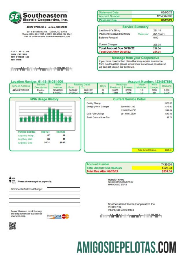 imprimível Modelo de conta de serviços públicos de energia elétrica do sudeste da Dakota do Sul dos EUA em formato Word e PDF